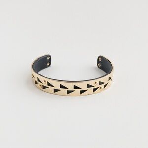 Stella & Dot Addison Cuff Bracelet Geometric Cut Out Black Leather Gold Tone